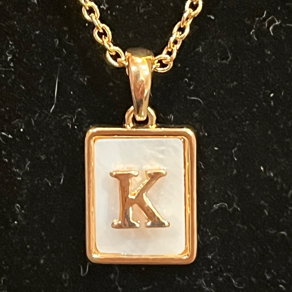 Vintage Avon SAQ Initial "K" Necklace - Mother of Pearl Gold Tone - 1980s Signed